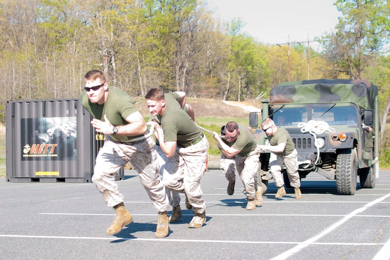 A six-man team pulls a tactical vehicle for 50 meters. The fastest time wins the event to add to their teams’ overall score for the day.
