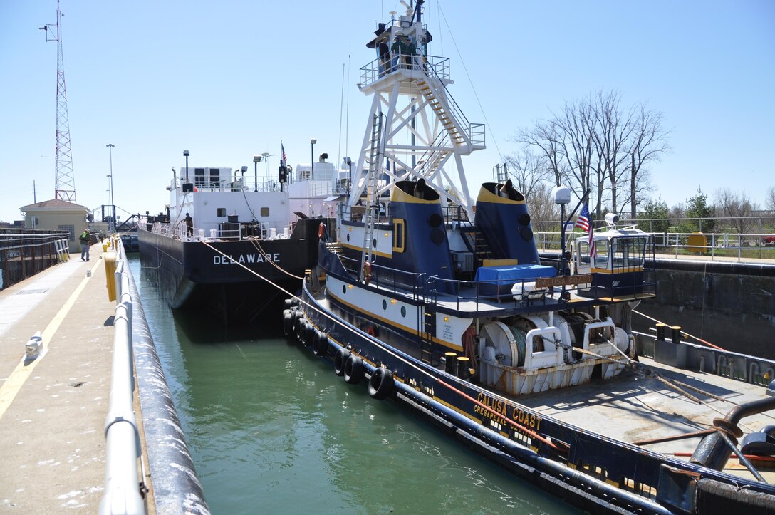 The towboat “Calusa Coast” picked a glorious day to usher the “Delaware” on her maiden voyage through the Black Rock Lock April 20th