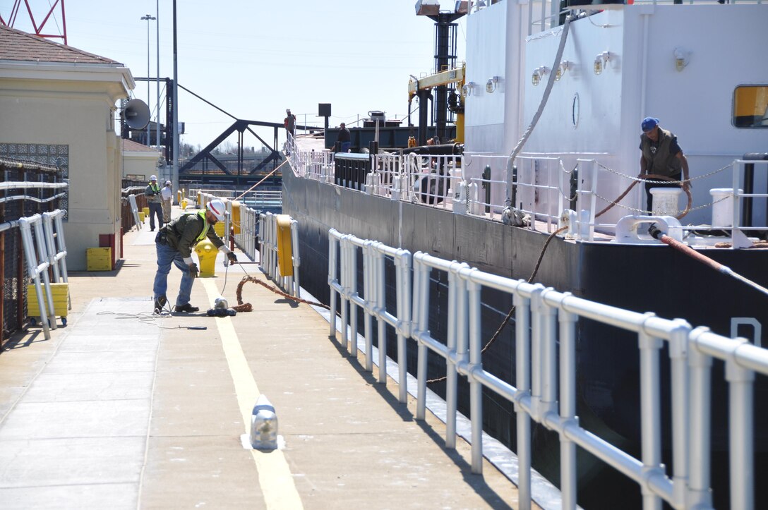 The Lock Wall team, led by Lockmaster Tom Braunscheidel, operated as a well-oiled machine to ensure the vessel and towboat passed safely and successfully through the lock on their way back to Michigan. 