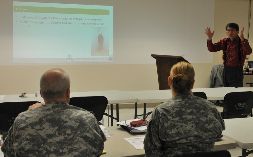 Dallas Attorney Benjamin Wright, cyber law instructor with the SANS Institute, informs National Guard and Army Reserve legal personnel attending Cyber Shield 2016 how federal and state laws will factor into cyber security during training at Camp Atterbury, Ind., on April 19. Cyber Shield 2016 is an Army National Guard cyber training exercise designed to develop and train cyber capable forces to include Army Reserve Soldiers, Marines, Air National Guardsmen and other federal agencies.