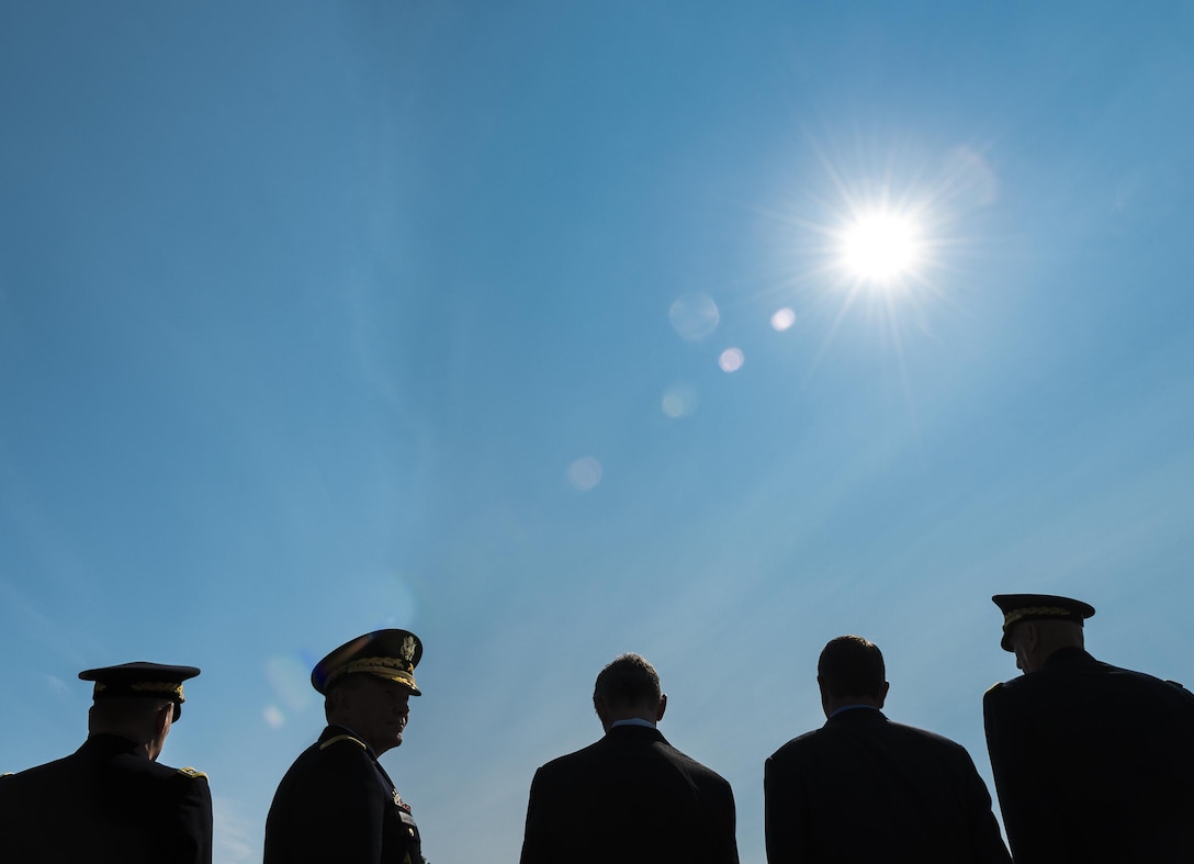 News: Army Chief of Staff Gen. Raymond T. Odierno; Defense Secretary Ash Carter; Army Secretary John M. McHugh; Gen. Martin E. Dempsey, chairman of the Joint Chiefs of Staff; and incoming Army Chief of Staff Gen. Mark A. Milley stand in line before the start of a change of responsibility ceremony at Summerall Field at Fort Myer, Va., Aug. 14, 2015. Odierno relinquished command of the Army to Milley during the ceremony. Army photo by Staff Sgt. Sean K. Harp


