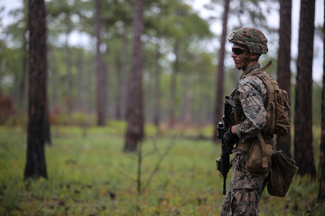 Lance Cpl. Robert D. Shoresroos, a rifleman with Lima Company, 3rd Battalion, 8th Marine Regiment, conducts a security patrol as part of a battalion field exercise at Camp Lejeune, N.C., April 20, 2016. The initial week of the field exercise entailed infantry fundamentals such as patrolling, cross-training among sections and squad rehearsals. (U.S. Marine Corps photo by Cpl. Paul S. Martinez/Released)