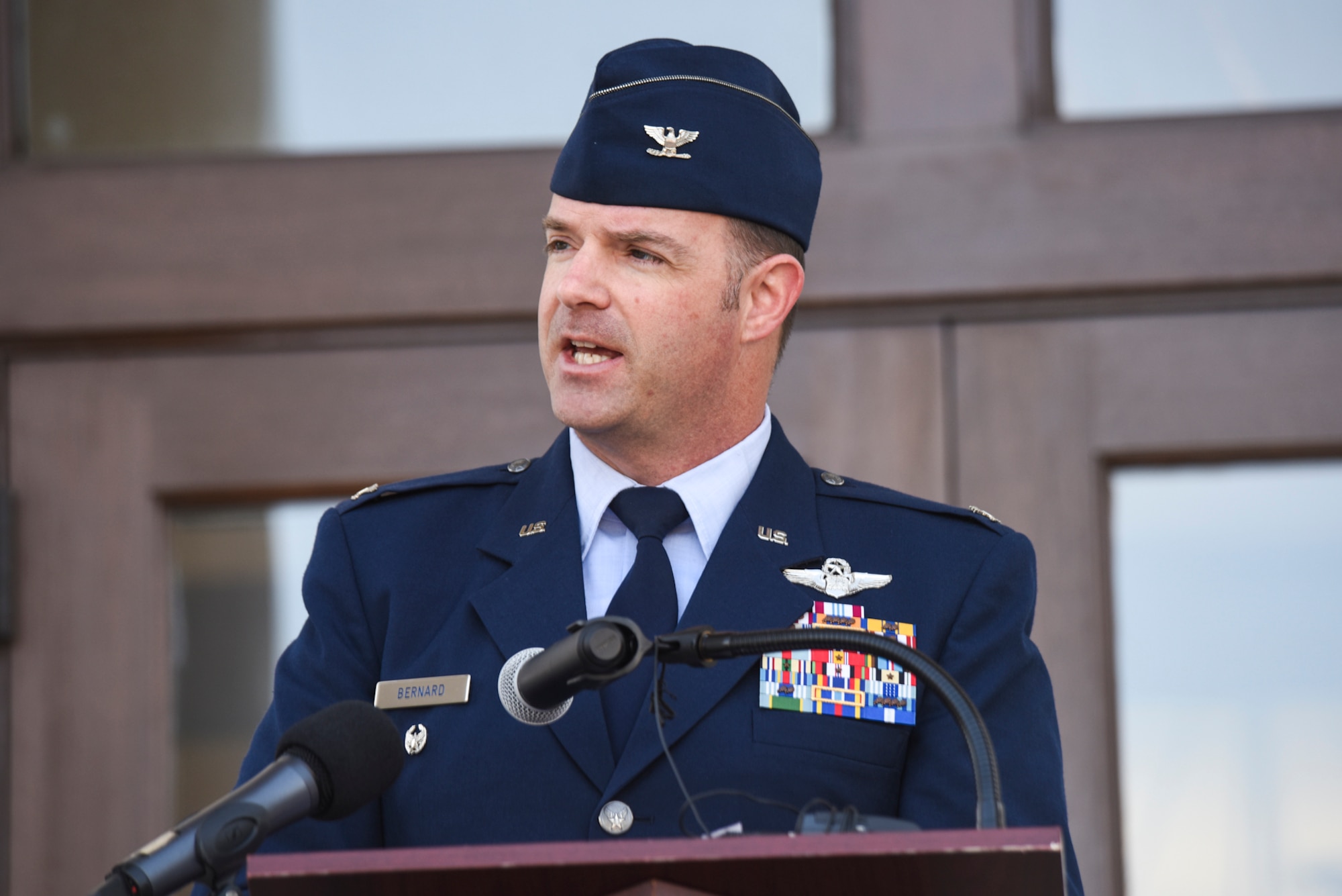 Colonel Andrew Bernard, 4th Fighter Wing vice commander, speaks during the Child Abuse Prevention Proclamation Ceremony, April 19, 2016, in Goldsboro, North Carolina. Bernard spoke about the importance of awareness in preventing child abuse and the need for the community to come together. (U.S. Air Force photo by Airman Shawna L. Keyes/Released)