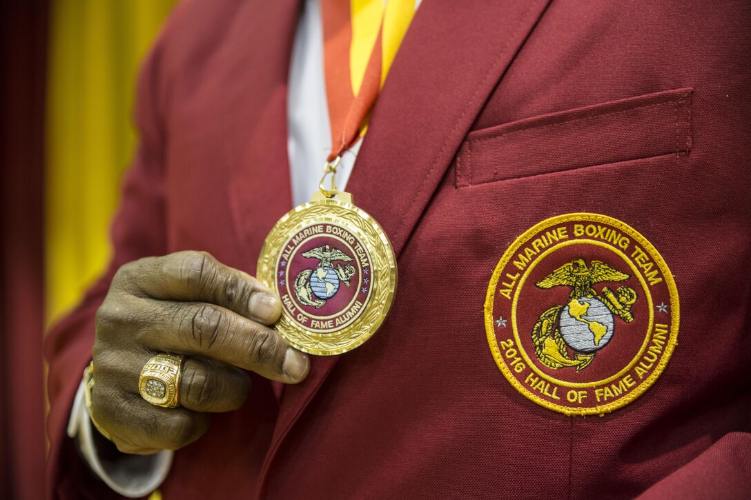 Retired Cpl. Teddy Randolph Sr. was inducted into the All-Marine Boxing Hall of Fame during an induction ceremony held aboard Marine Corps Base Camp Lejeune, N.C., April 16, 2016. During his time as a boxer, Randolph Sr. fought boxers such as Olympic gold medalist Oscar De La Hoya and served as the representative for the United States Olympic Boxing Committee. 