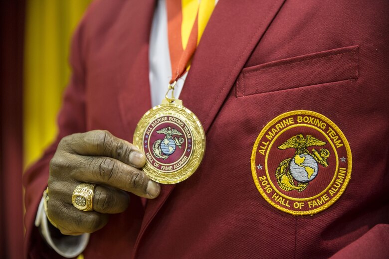 Retired Cpl. Teddy Randolph Sr. was inducted into the All-Marine Boxing Hall of Fame during an induction ceremony held aboard Marine Corps Base Camp Lejeune, N.C., April 16, 2016. During his time as a boxer, Randolph Sr. fought boxers such as Olympic gold medalist Oscar De La Hoya and served as the representative for the United States Olympic Boxing Committee. 