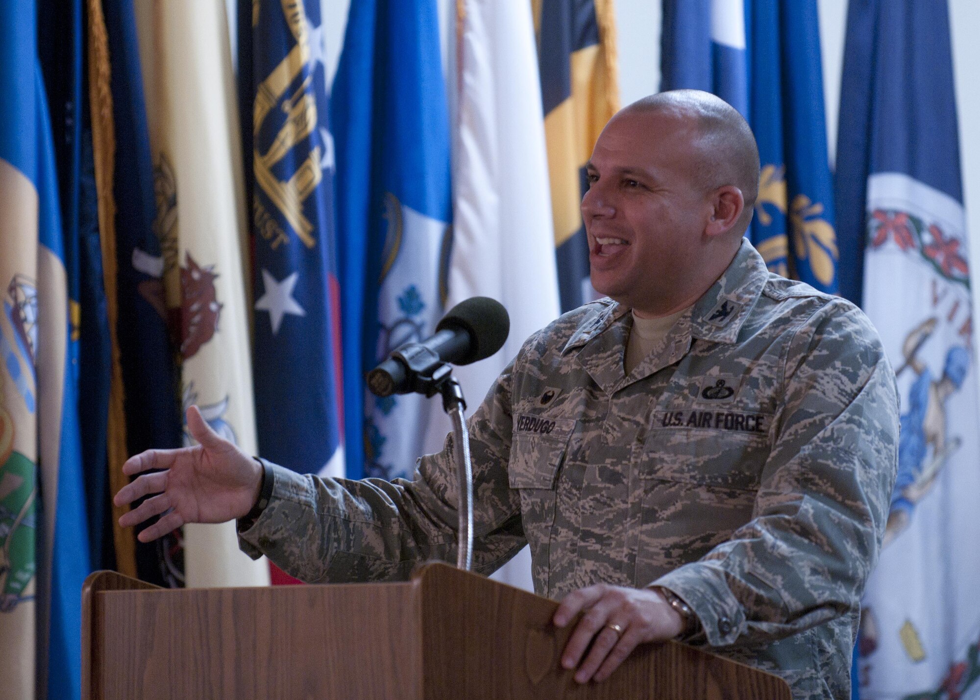 Col. Frank Verdugo, 90th Mission Support Group Commander, speaks during the Warren Spouses’ Club Annual Scholarship Award Ceremony, April 19, 2016. Verdugo was the key speaker for the event and spoke about his support of the scholarship and education. (U.S. Air Force photo by Airmen 1st Class Malcolm Mayfield)