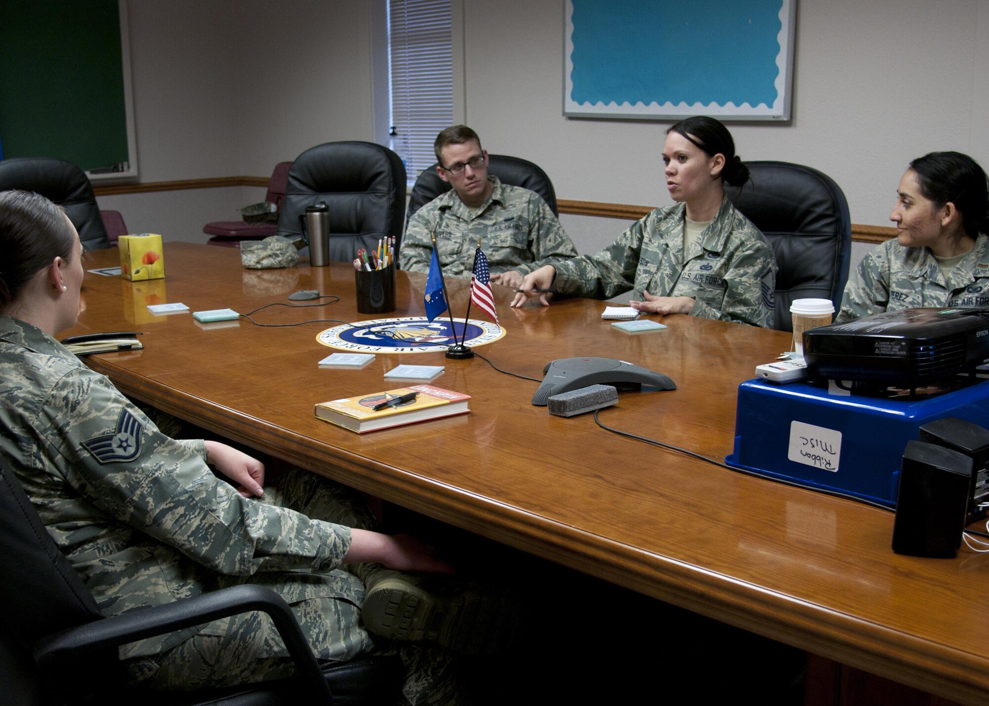 Master Sgt. Gloria Wilson, 90th Missile Wing Public Affairs superintendent, discusses a topic from the book "Linchpin" April 19, 2016, on F.E. Warren Air Force Base, Wyo., at a Leadership Training Event session. LTE sessions are facilitated discussions about topics from books on the Air Force Chief of Staff Reading List. (U.S. Air Force photo by Senior Airman Malcolm Mayfield)