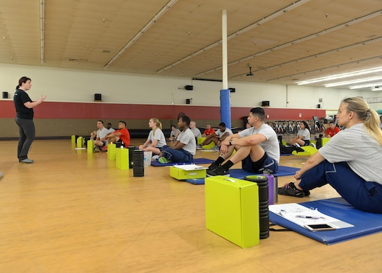 Members from the 548th Intelligence, Surveillance and Reconnaissance Group participates in a functional movement screening course as part of a Human Performance Coach Initiative April 1, 2016. The screening assesses movement patterns, mobility and stability. The Human Performance Coach Initiative provides Airmen a certification in a series of training covering fitness, nutrition, sports psychology, and tactical strength and conditioning. This enables them to prescribed individual and squadron fitness and nutritional coaching, education, and training to address occupational demands and unique mission requirements of their community. (U.S. Air Force photo by Senior Airman Ramon A. Adelan)