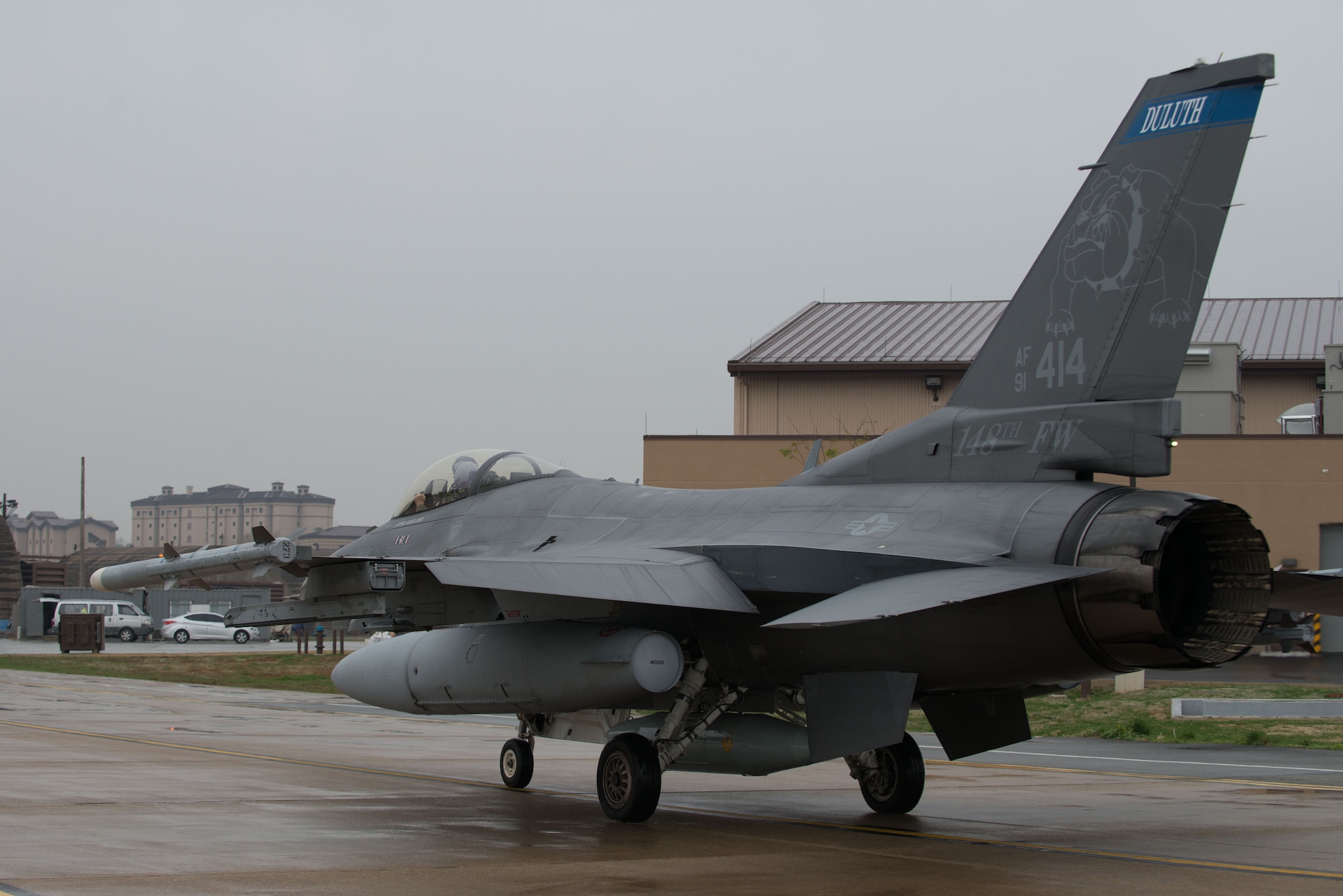 An F-16 Fighting Falcon from the 148th Fighter Wing taxis on the flightline after arriving to Osan Air Base, Republic of Korea, April 20, 2016. The 148th FW out of Duluth Air National Guard Base, Minnesota, deployed 12 F-16 aircraft to Osan as part of a theater security package to enhance regional security on the Korea Peninsula. The U.S. Air Force routinely deploys force packages of fighters throughout the Republic of Korea to demonstrate the U.S. commitment to stability on the Korea Peninsula. (U.S. Air Force photo by Senior Airman Dillian Bamman/Released)
