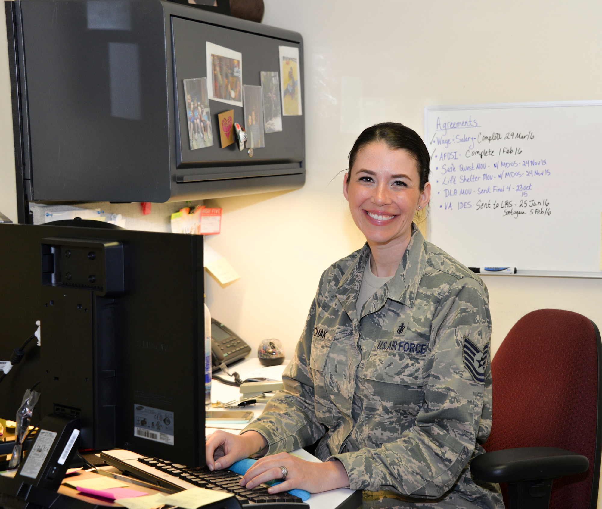 Tech. Sgt. Lisa Sawchak, 60th Medical Support Squadron uniform business office manager and NCO in charge, poses for a photo April 19 at David Grant USAF Medical Center. Sawchak handles data concerning money and manpower for all of the squadrons within DGMC. (U.S. Air Force photo by Senior Airman Amber Carter)