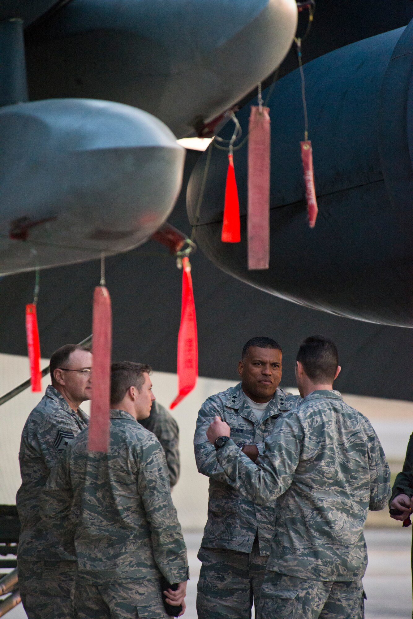 U.S. Air Force Maj. Gen. Richard Clark, 8th Air Force commander, stands under AGM-86B cruise missiles attached to a B-52H Stratofortress at Minot Air Force Base, N.D., April 12, 2016 during Exercise Constant Vigilance. Constant Vigilance is an annual Air Force Global Strike Command exercise designed to train and test the command’s ability to perform conventional long-range strike and nuclear missions. (U.S. Air Force photo/ by Airman 1st Class J.T. Armstrong)