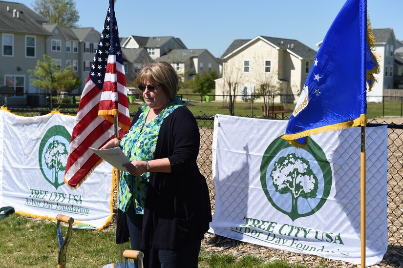 Cindy Peterson, Liberty Park Community director, speaks at a tree planting ceremony in honor of Earth Day and Arbor Day at Joint Base Andrews, Md., April 20, 2016. JBA received its 16th Tree City Award from the National Arbor Day Foundation and celebrated the 40th Anniversary of the Tree City Program. (U.S. Air Force photo by Senior Airman Joshua R. M. Dewberry/RELEASED)