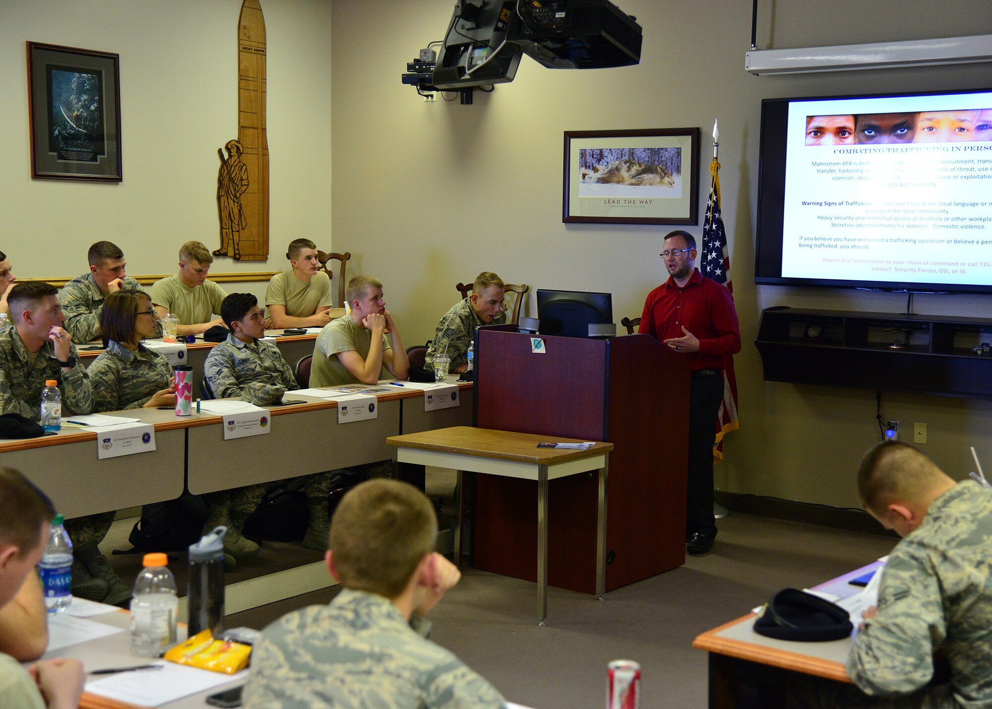 Joshua Bargas, 341st Missile Wing equal opportunity director, speaks to Airmen during a First Term Airman Class brief at the education center April 21, 2016, at Malmstrom Air Force Base, Mont. Upon arrival to their first base, new Airmen must attend a week-long series of briefs to better understand the base’s mission and to learn about services available to them. (U.S. Air Force photo/Airman Daniel Brosam)