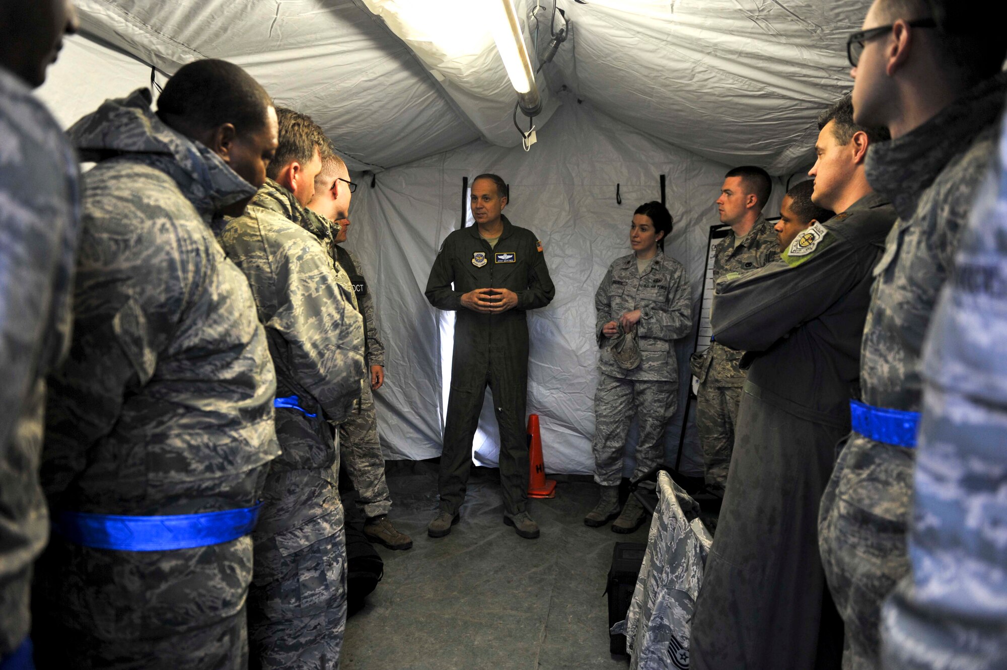 U.S. Air Force Maj. Gen. Jerry Martinez, Air Mobility Command Director of Operations, meets with Airfield Operations Airmen from McGuire Air Force base April 18, 2016, at Fort Polk, La., during Green Flag 16-06.  The Royal Australian Air Force, Royal New Zealand Air Force and U.S. Air Force train during Green Flag Little Rock to ensure all aircrew can effectively communicate. (U.S. Air Force photo by Staff Sgt. Jeremy McGuffin)
