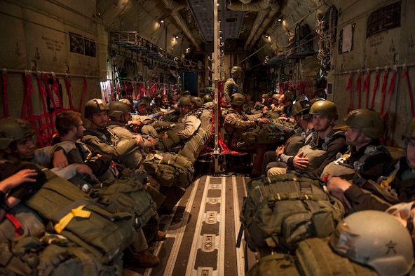 U.S. Army Soldiers prepair for a static line jump out of a C130J in support of the Green Flag Little Rock 16-06 excercise April 17, 2016, at Ft. Polk, La. Improving on mission management, situational awareness and weather planning are all goals in the green flag exercise. (U.S. Air Force photo by Senior Airman Stephanie Serrano)