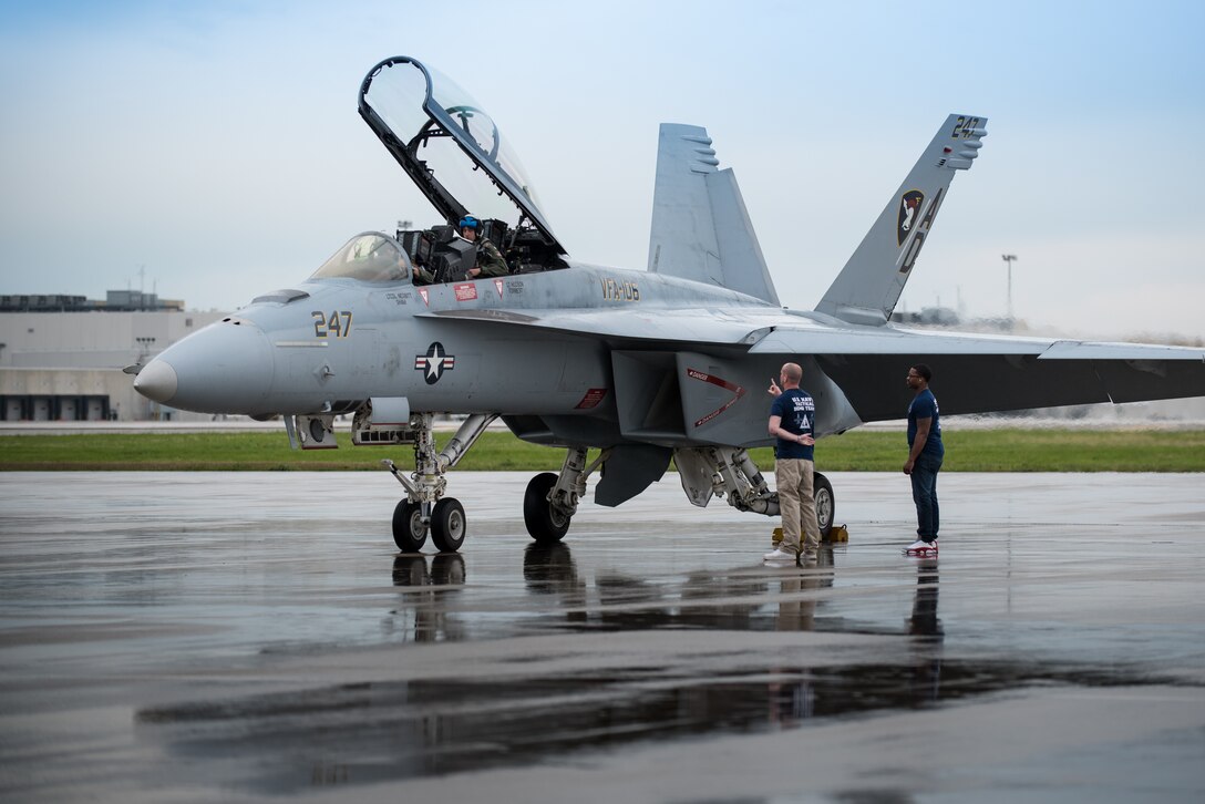 A U.S. Navy F/A-18 Hornet fighter jet arrives at the Kentucky Air National Guard Base in Louisville, Ky., April 21, 2016. The aircraft, assigned to Naval Air Station Oceana in Virginia Beach, Va., will be part of a two-ship aerobatic demonstration during the Thunder Over Louisville air show scheduled for April 23. The Kentucky Air National Guard is once again serving as the base of operations for all military aircraft performing in the show, providing logistical and maintenance support. (U.S. Air National Guard photo by Maj. Dale Greer)