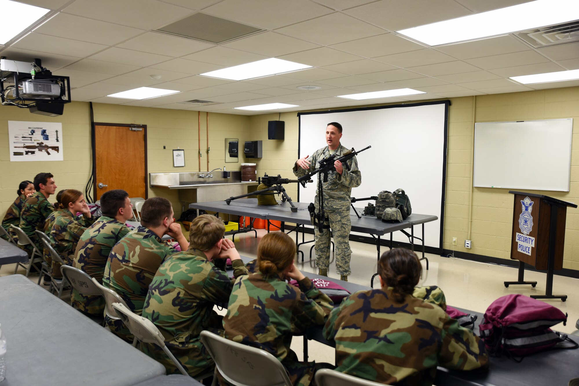 Members of the Greenwood High School Junior Reserve Officer Training Corps are shown the weaponry used by members of the 188th Security Forces Squadron by Tech. Sgt. Frank Koeth, 188th SFS training noncommissioned officer in charge, April 13, 2016, during their tour of Ebbing Air National Guard Base, Fort Smith, Ark. JROTC cadets viewed many of the career opportunities provided on base, including being a remotely piloted aircraft pilot, security forces member or working in intelligence. (U.S. Air National Guard photo by Senior Airman Cody Martin/Released)