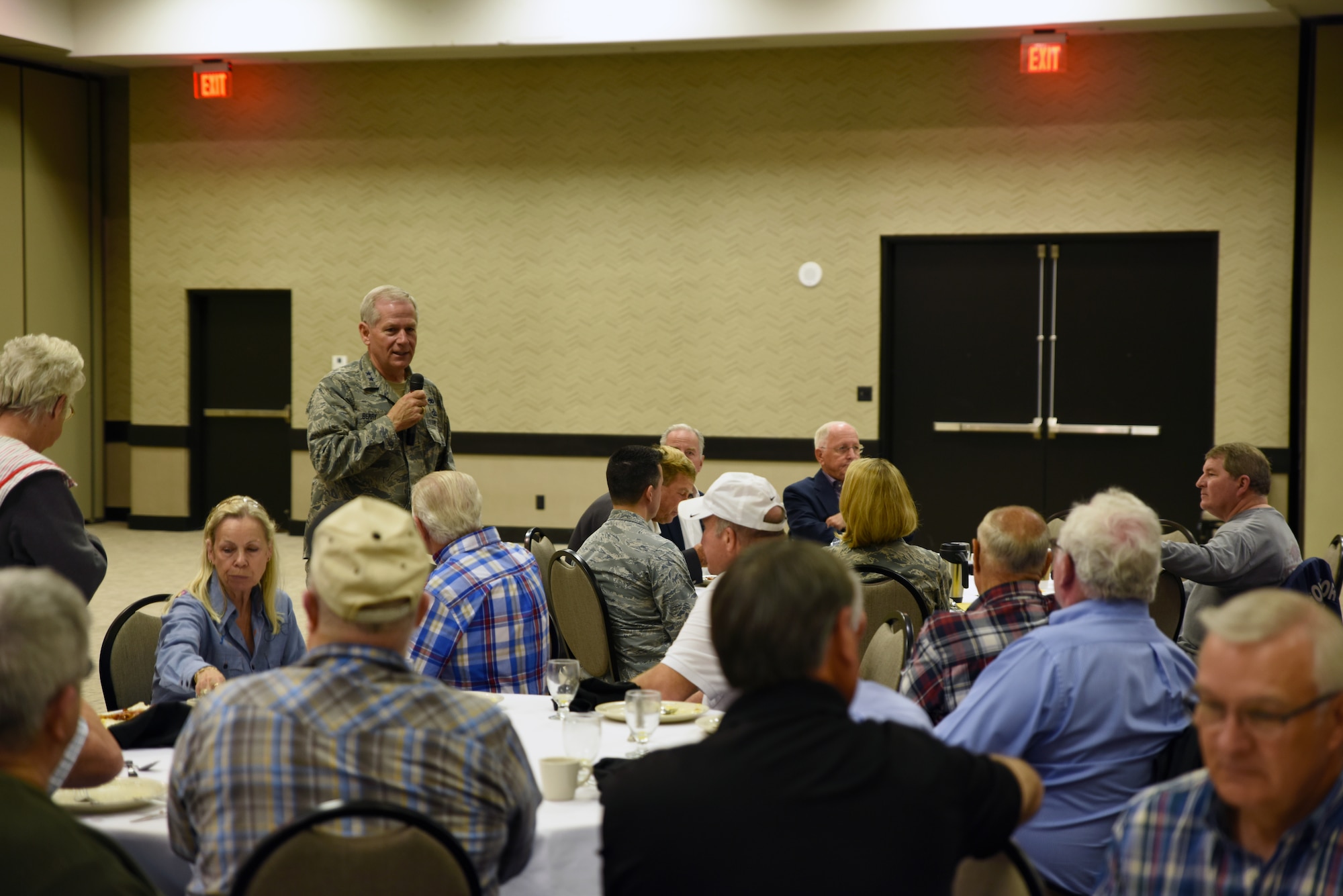 Maj. Gen. Mark Berry, the adjutant general of the Arkansas National Guard, speaks on the importance of the 188th’s new mission to members of the 188th Old Guard, a group comprised of retired Airmen formally a part of the 188th Wing, March 31, 2016, during a breakfast held at the Executive Hotel at City Center in Fort Smith, Ark. The Old Guard showcased a new logo during the breakfast, which was developed to establish an identity and to have visual recognition. (U.S. Air National Guard photo by Senior Airman Cody Martin/Released)