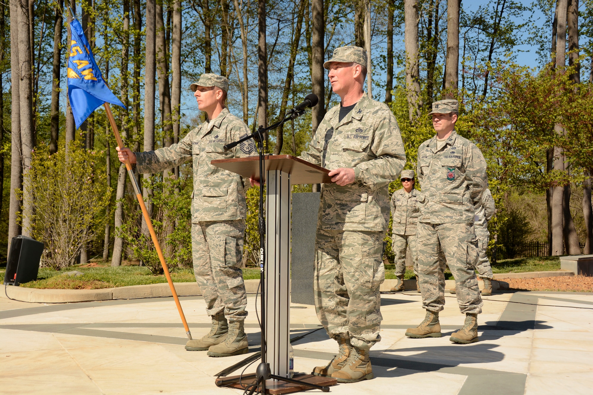 U.S. Air Force Col. Russell L. Ponder, commander of the 145th Mission Support Group, addresses distinguished visitors and his Airmen during an assumption of command ceremony held in his honor at the North Carolina Air National Guard (NCANG) Base, Charlotte Douglas International Airport; April 9, 2016. Ponder, former commander of the 145th Civil Engineer Squadron, comes back to the NCANG after serving over five years at the Pentagon in the District of Columbia. (U.S. Air National Guard photo by Senior Airman Laura Montgomery/Released)