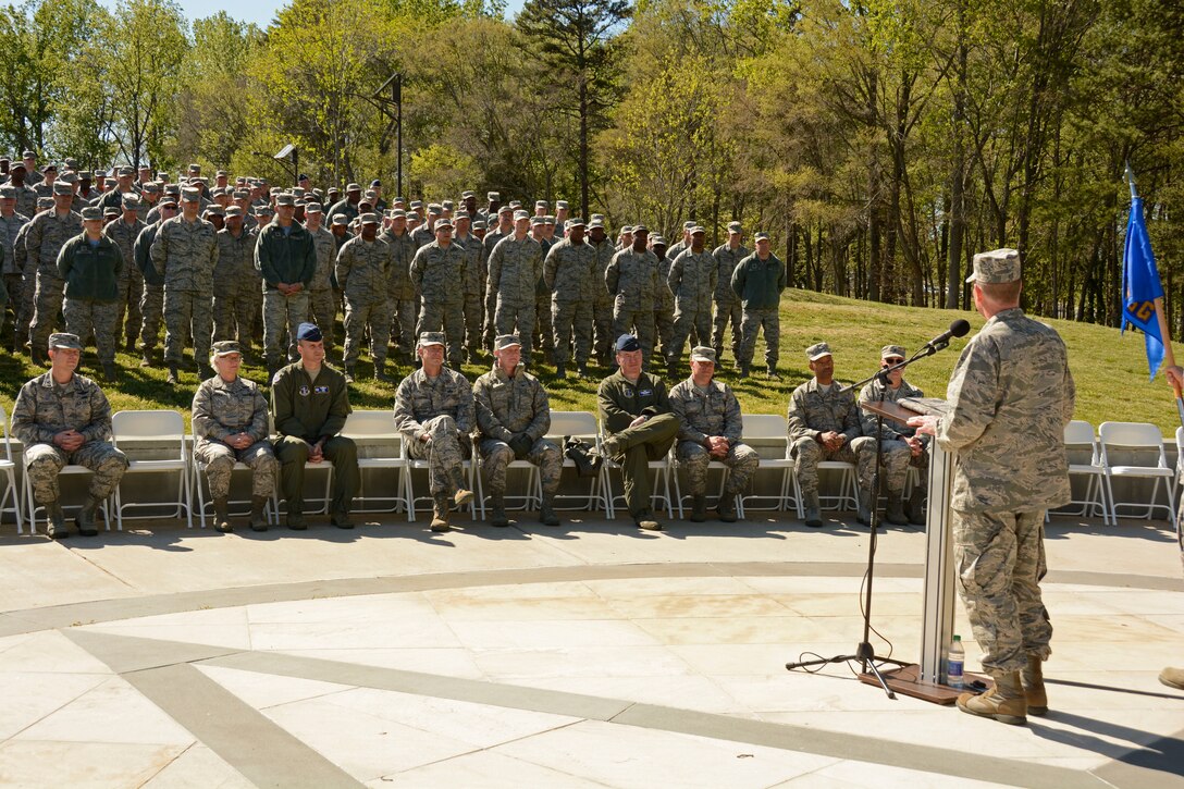 U.S. Air Force Col. Russell L. Ponder, commander of the 145th Mission Support Group, addresses his Airmen during an assumption of command ceremony held in his honor at the North Carolina Air National Guard (NCANG) Base, Charlotte Douglas International Airport; April 9, 2016. Ponder, former commander of the 145th Civil Engineer Squadron, comes back to the NCANG after serving over five years at the Pentagon in the District of Columbia. (U.S. Air National Guard photo by Senior Airman Laura Montgomery/Released)