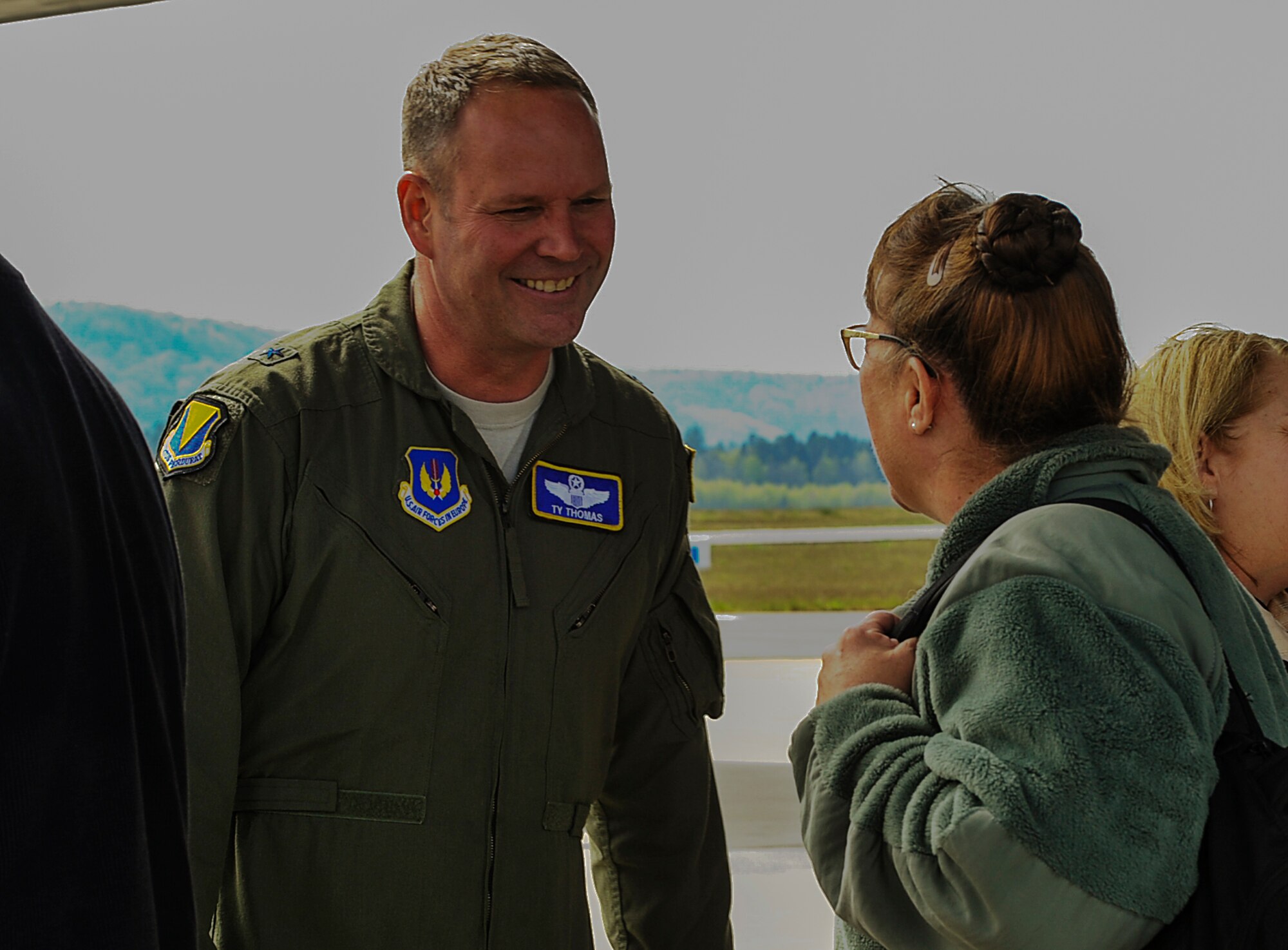Brig. Gen. Jon T. Thomas, 86th Airlift Wing commander, greets Brig. Gen. Kathleen A. Cook, Air Force Public Affairs director, April 17, 2016, at Ramstein Air Base, Germany. The Chief of Staff Civic Leader Program is just one way the Air Force funnels innovation from Airmen to U.S. leaders. (U.S. Air Force photo/Senior Airman Larissa Greatwood)
