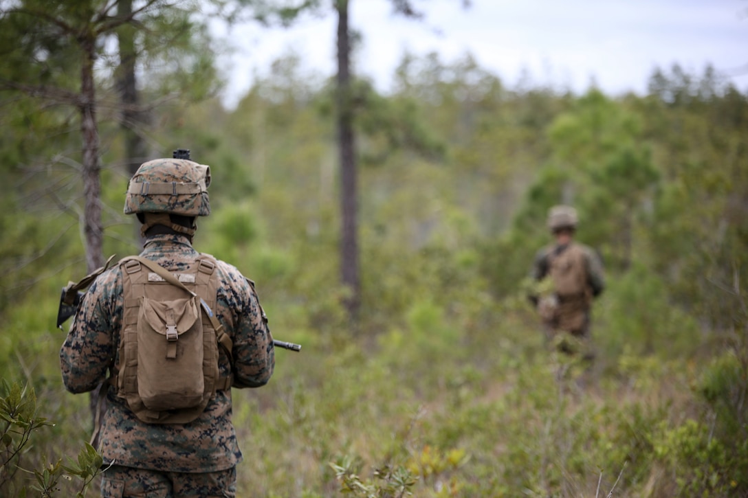 Lance Cpl. Trequan Neely, a rifleman with Lima Company, 3rd Battalion, 8th Marine Regiment, conducts a security patrol as part of a battalion field exercise at Marine Corps Base Camp Lejeune, N.C., April 20, 2016. The exercise, split into three phases, includes unknown distance ranges, advanced rifle qualification ranges and fire team attacks.