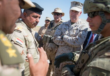 Marine Corps Gen. Joe Dunford, chairman of the Joint Chiefs of Staff, meets with Iraqi leaders and coalition trainers in the Combined Joint Task Force Operation Inherent Resolve at Besmaya Range Complex April 21, 2016. DoD photo by Navy Petty Officer 2nd Class Dominique A. Pineiro