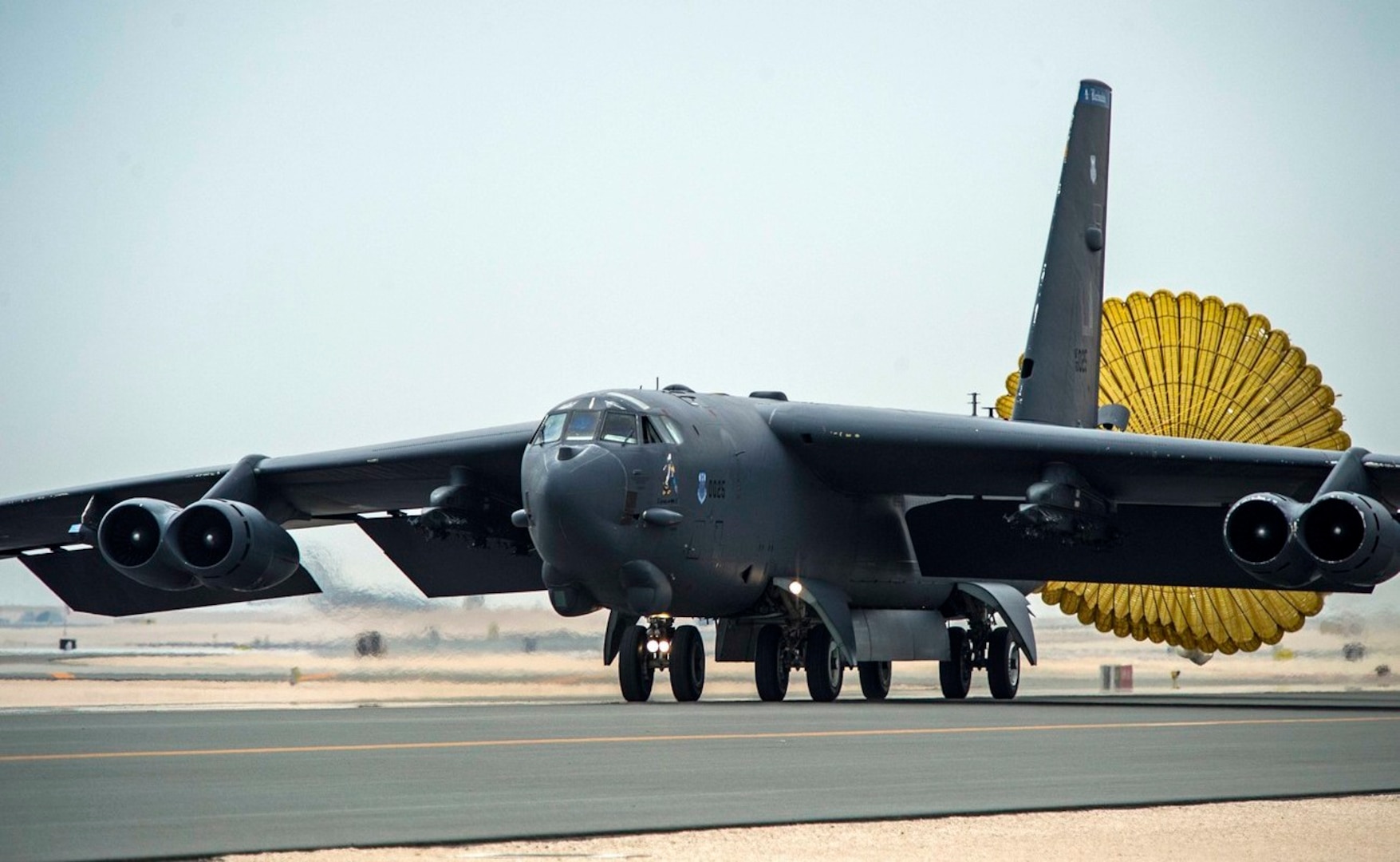 U.S. Air Force B-52 Stratofortress aircraft from Barksdale Air Force Base, Louisiana, arrives at Al Udeid Air Base, Qatar, April 9, 2016 in support of Operation Inherent Resolve, the operation to eliminate Da’esh and the threat they pose to Iraq, Syria and the wider international community, and as needed in the region.  (U.S. Air Force photo by Tech. Sgt. Nathan Lipscomb)