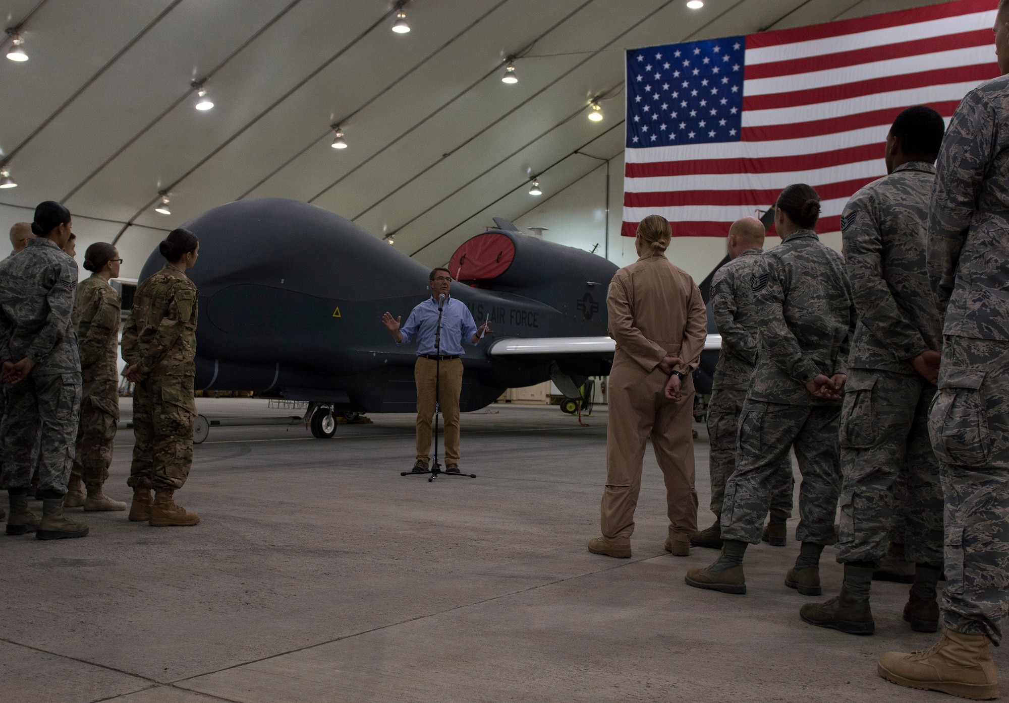 U.S. Secretary of Defense Ash Carter speaks to U.S. and coalition forces at an undisclosed location in Southwest Asia, April 16, 2016. Secretary Carter spoke with the service members about the importance of their role in accelerating the lasting defeat of ISIL. (U.S. Air Force photo by Staff Sgt. Chad Warren)