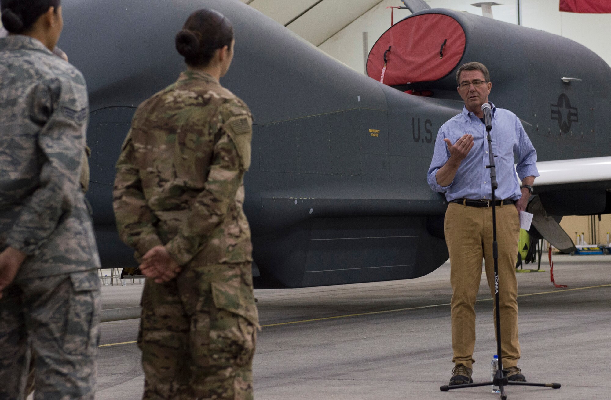 U.S. Secretary of Defense Ash Carter speaks to U.S. and coalition forces at an undisclosed location in Southwest Asia, April 16, 2016. Secretary Carter spoke with the service members about the importance of their role in accelerating the lasting defeat of ISIL. (U.S. Air Force photo by Staff Sgt. Chad Warren)