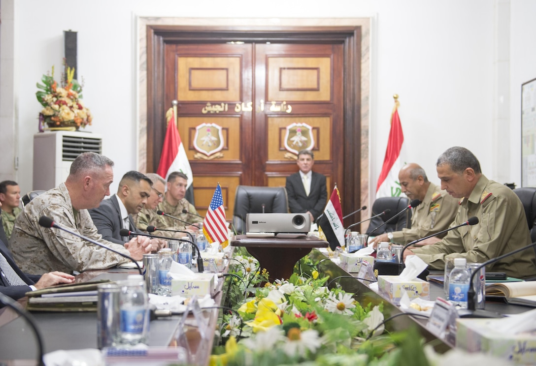 Marine Corps Gen. Joe Dunford, chairman of the Joint Chiefs of Staff, left, meets with Iraqi Defense Chief Lt. Gen. Othman al-Ghanimi, at the ministry of defense in Baghdad, April  21, 2016. DoD Photo by Navy Petty Officer 2nd Class Dominique A. Pineiro