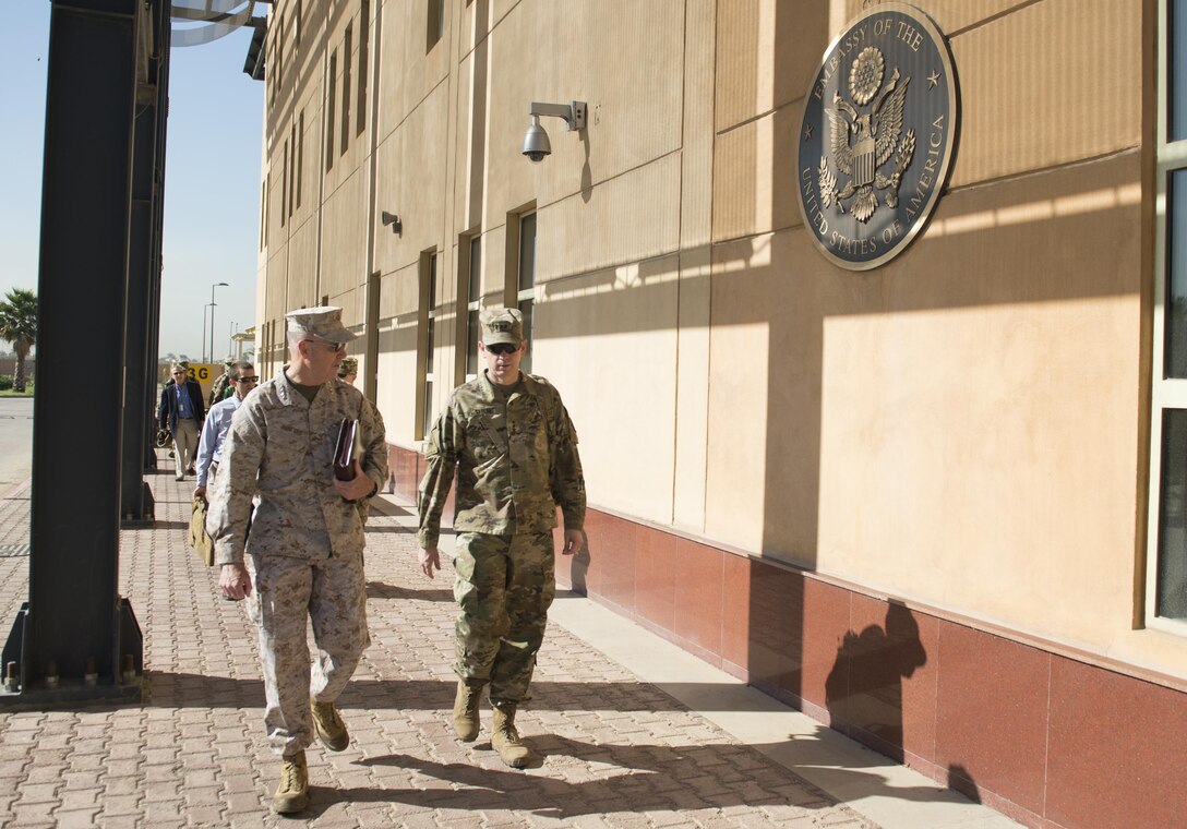 Marine Corps Gen. Joe Dunford, chairman of the Joint Chiefs of Staff, left, meets with Army Lt. Gen. Sean McFarland, commander, Combined Joint Task Force - Operation Inherent Resolve, at the U.S. Embassy in Baghdad, April  21, 2016. DoD photo by Navy Petty Officer 2nd Class Dominique A. Pineiro