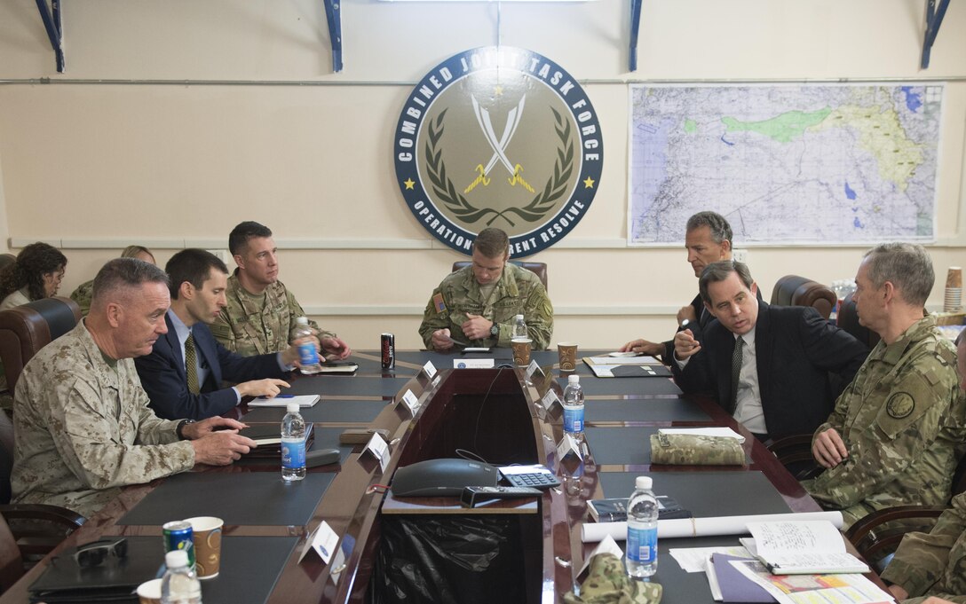 Marine Corps Gen. Joe Dunford, chairman of the Joint Chiefs of Staff, left, meets with U.S. Ambassador to Iraq, Stuart Jones, second from right, and Army Lt. Gen. Sean McFarland, commander, Combined Joint Task Force - Operation Inherent Resolve, in Baghdad, April 21, 2016. DoD photo by Navy Petty Officer 2nd Class Dominique A. Pineiro