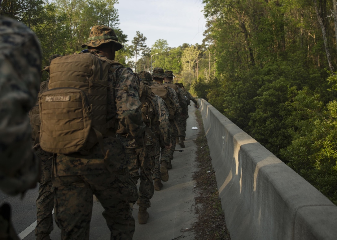 U.S. Marines with 2nd Battalion, 8th Marine Regiment begin their attack evolution with a run to the first objective aboard Camp Lejeune, N.C.,  April 20, 2016. The Marines conducted patrols, ambushes and an assault to prepare of their upcoming Integrated Training Exercise. (U.S. Marine Corps photo by Cpl. Justin T. Updegraff/ Released)