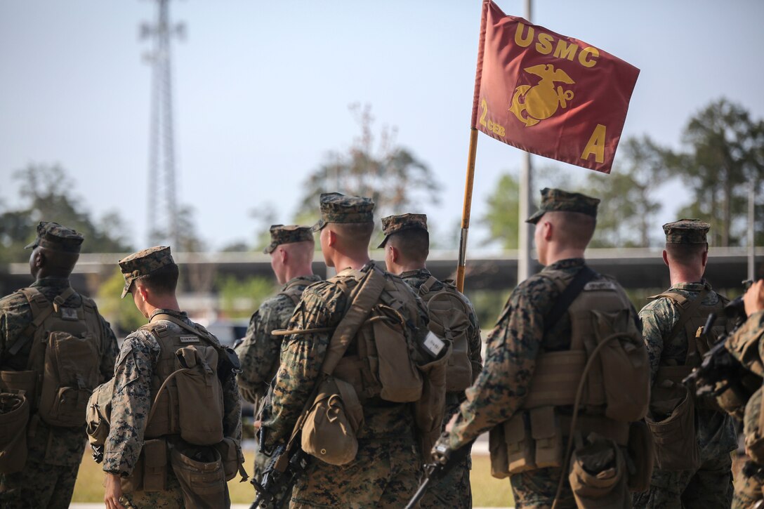 Marines with 2nd Combat Engineer Battalion conduct a hike to their new command post at Camp Lejeune, N.C., April 21, 2016. The battalion had occupied their previous location in Hadnot Point since World War II. (U.S. Marine Corps photo by Cpl. Paul S. Martinez/Released)