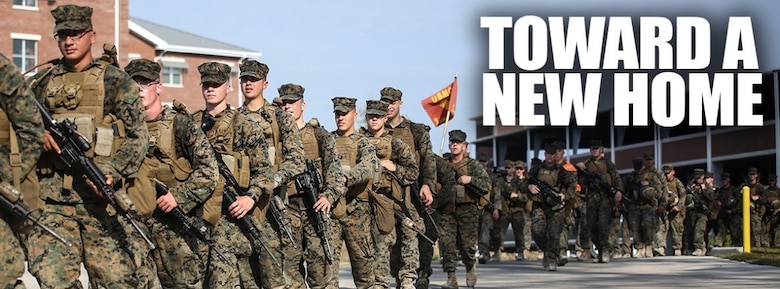 Marines with 2nd Combat Engineer Battalion conduct a hike to their new command post at Camp Lejeune, N.C., April 21, 2016. Upon reaching the command post, Maj. Gen. Brian Beaudreault, commanding general 2nd Marine Division, and Lt. Col. Gary A. McCullar, the commanding officer 2nd CEB, inaugurated the relocation by cutting barbed wire placed at the door. (U.S. Marine Corps photo illustration by Cpl. Paul S. Martinez/Released)