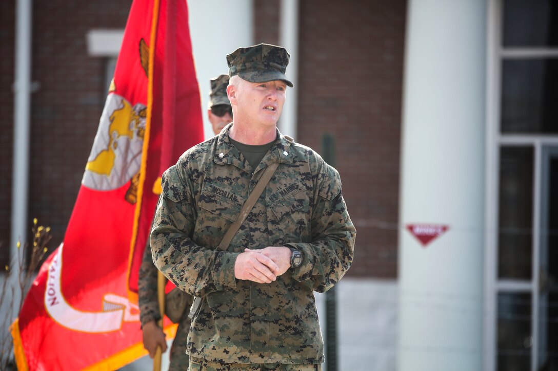 Lieutenant Col. Gary A. McCullar, the commanding officer 2nd Combat Engineer Battalion, gives remarks to Marines and sailors of 2nd CEB upon reaching their new command post at Camp Lejeune, N.C., April 21, 2016. The unit relocated from Hadnot Point to Courthouse Bay for the first time in decades. (U.S. Marine Corps photo by Cpl. Paul S. Martinez/Released)