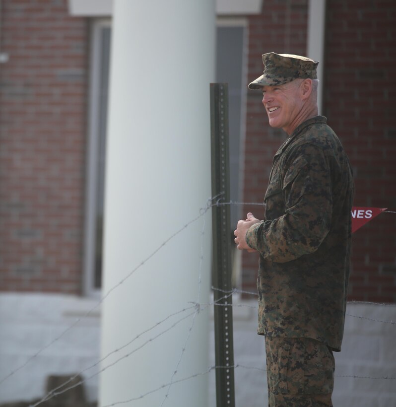 Major Gen. Brian Beaudreault, commanding general of 2nd Marine Division, gives remarks to Marines and sailors of 2nd CEB upon reaching their new command post at Camp Lejeune, N.C., April 21, 2016. The battalion had occupied their previous location in Hadnot Point since World War II. (U.S. Marine Corps photo by Cpl. Paul S. Martinez/Released)