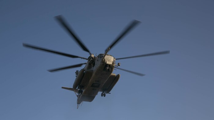 A CH-53 ‘Super Stallion’ takes Marine role-players back to Marine Corps Air Station Yuma, Ariz., from Marine Corps Air Ground Combat Center Twentynine Palms, California, as part of a Non-combatant Evacuation Operation Exercise in support Weapons and Tactics Instructor Course 2-16 April 15, 2016. 