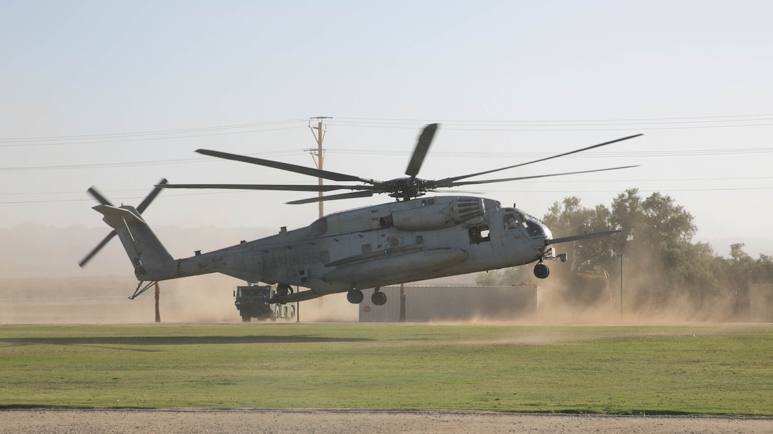 A CH-53 ‘Super Stallion’ lands at Del Valle Field Marine Corps Air Ground Combat Center Twentynine Palms, California, as part of a Non-combatant Evacuation Operation exercise in support of Weapons and Tactics Instructor Course 2-16 April 15, 2016. 