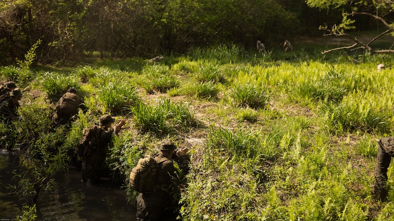 U.S. Marines with 2nd Battalion, 8th Marine Regiment ambush the notional enemy during an attack evolution at Marine Corps Base Camp Lejeune, N.C., April 20, 2016. Role players were placed throughout the course, adding various scenarios which included ambushing a patrol and assaulting an enemy fortified position. 