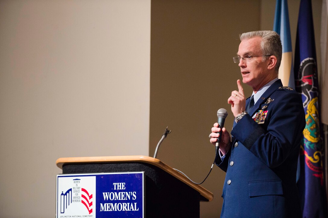 Air Force Gen. Paul J. Selva, vice chairman of the Joint Chiefs of Staff, delivers the keynote address at the Officer Women Leadership Symposium in Arlington, Va., April 21, 2016. DoD photo by Army Staff Sgt. Sean K. Harp