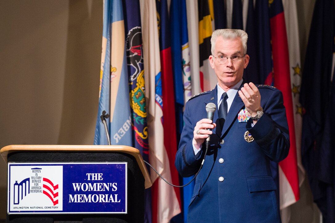 Air Force Gen. Paul J. Selva, vice chairman of the Joint Chiefs of Staff, delivers the keynote address at the Officer Women Leadership Symposium in Arlington, Va., April 21, 2016. Selva discussed the strategic security environment and the leadership necessary to face the challenges ahead. DoD photo by Army Staff Sgt. Sean K. Harp