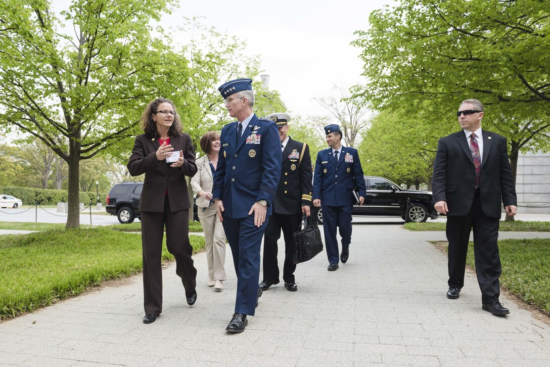Air Force Gen. Paul J. Selva, vice chairman of the Joint Chiefs of Staff, arrives at the Officer Women Leadership Symposium in Arlington, Va., April 21, 2016. The symposium, a professional development event held at the Women in Military Service for America Memorial, included presentations, workshops and panel discussions. DoD photo by Army Staff Sgt. Sean K. Harp
