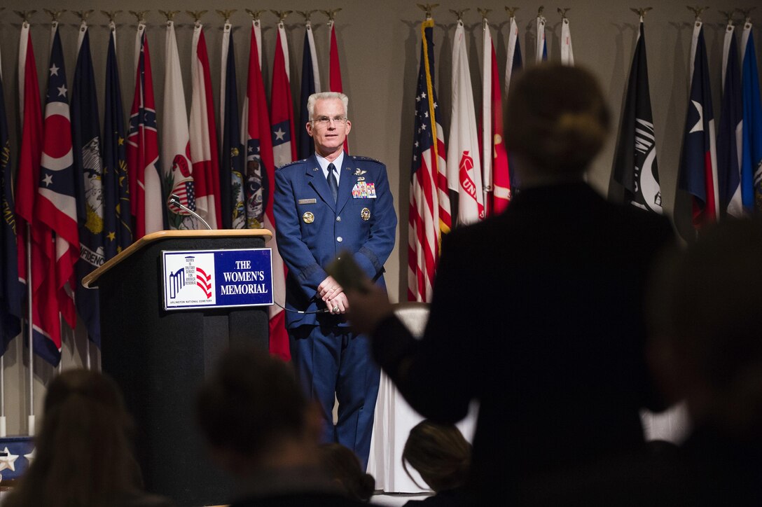 Air Force Gen. Paul J. Selva, vice chairman of the Joint Chiefs of Staff, listens to an attendee during the Officer Women Leadership Symposium in Arlington, Va., April 21, 2016. DoD photo by Army Staff Sgt. Sean K. Harp