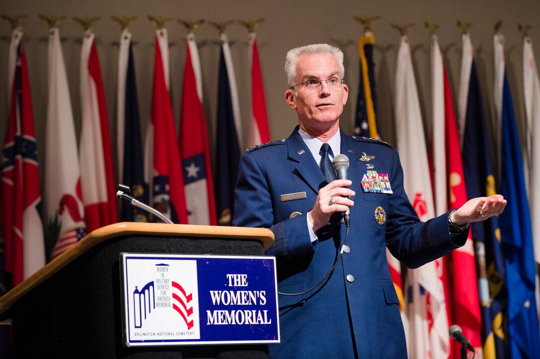 Air Force Gen. Paul J. Selva, vice chairman of the Joint Chiefs of Staff, delivers the keynote address at the Officer Women Leadership Symposium in Arlington, Va., April 21, 2016. Selva discussed the strategic security environment and the leadership necessary to face the challenges ahead. DoD photo by Army Staff Sgt. Sean K. Harp