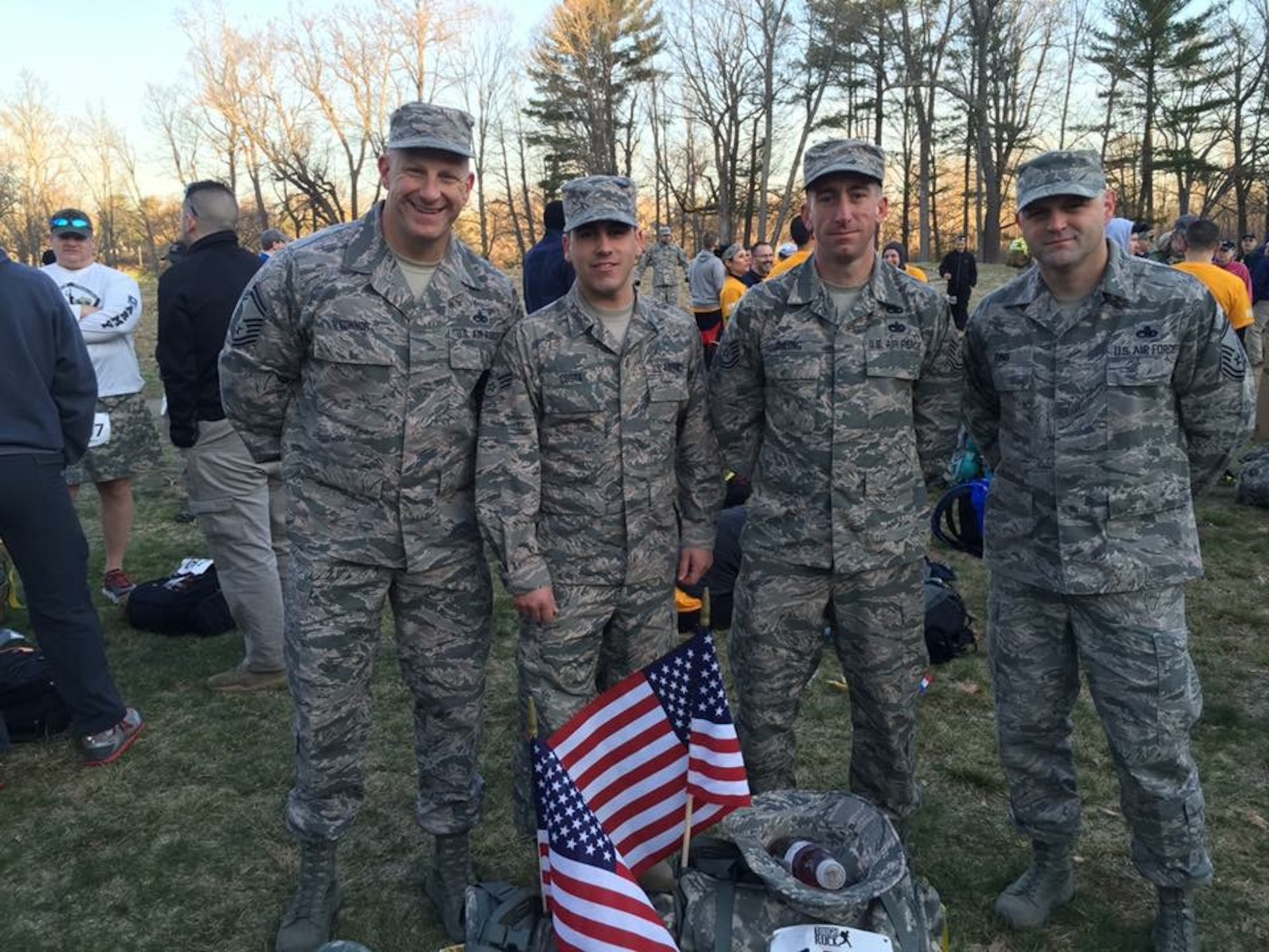 A seven-man team from Westover Air Reserve Base completed the 2016 Tough Ruck Marathon in Concord Mass Saturday April 16.
The team had a combined over 350 years of life, 150 years of military experience, and over 235 lbs of ruck on their backs.
