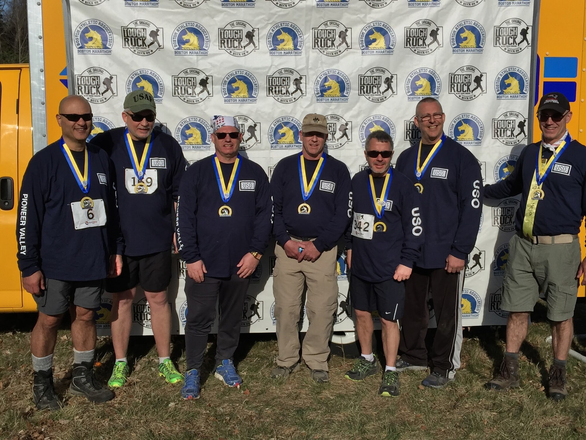 A seven-man team from Westover Air Reserve Base completed the 2016 Tough Ruck Marathon in Concord Mass Saturday April 16.
The team had a combined over 350 years of life, 150 years of military experience, and over 235 lbs of ruck on their backs.
