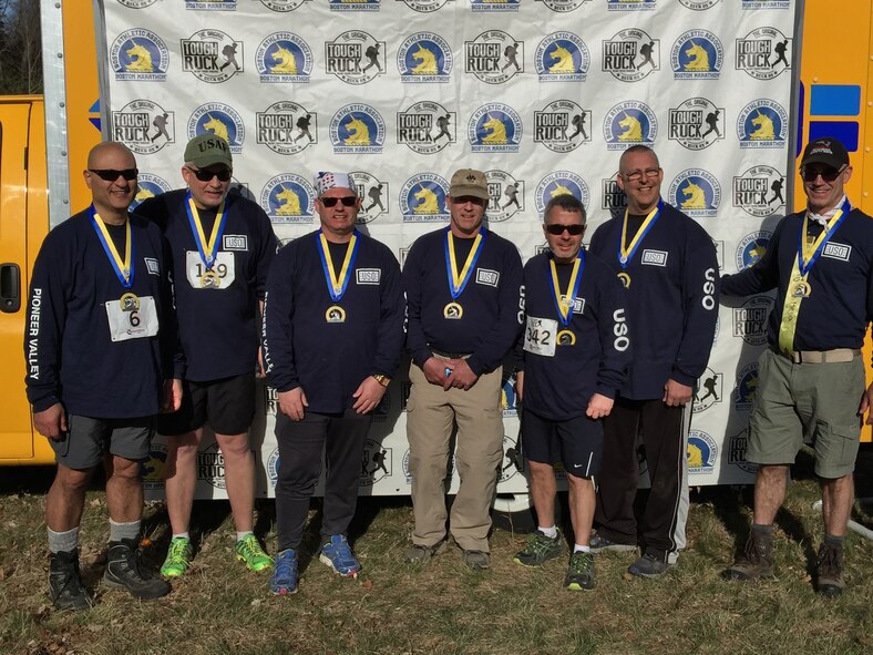 A seven-man team from Westover Air Reserve Base completed the 2016 Tough Ruck Marathon in Concord Mass Saturday April 16.
The team had a combined over 350 years of life, 150 years of military experience, and over 235 lbs of ruck on their backs.
