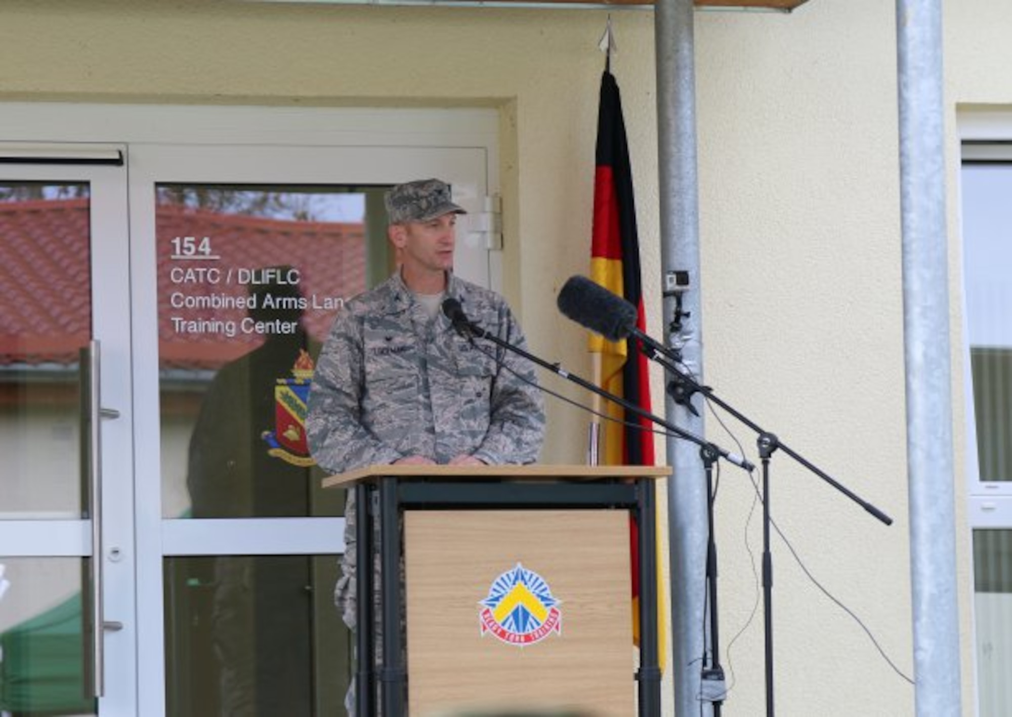 Col. Keith M. Logeman talks about the importance of the new Combined Arms Language Training Center, April 7, 2016, in Vilseck, Germany. The Combined Arms Language Training Center, or CALTC, will provide military and civilian linguists throughout the European and African Command the opportunity to receive language training closer to their home duty stations in Europe. (Courtesy photo used with permission)